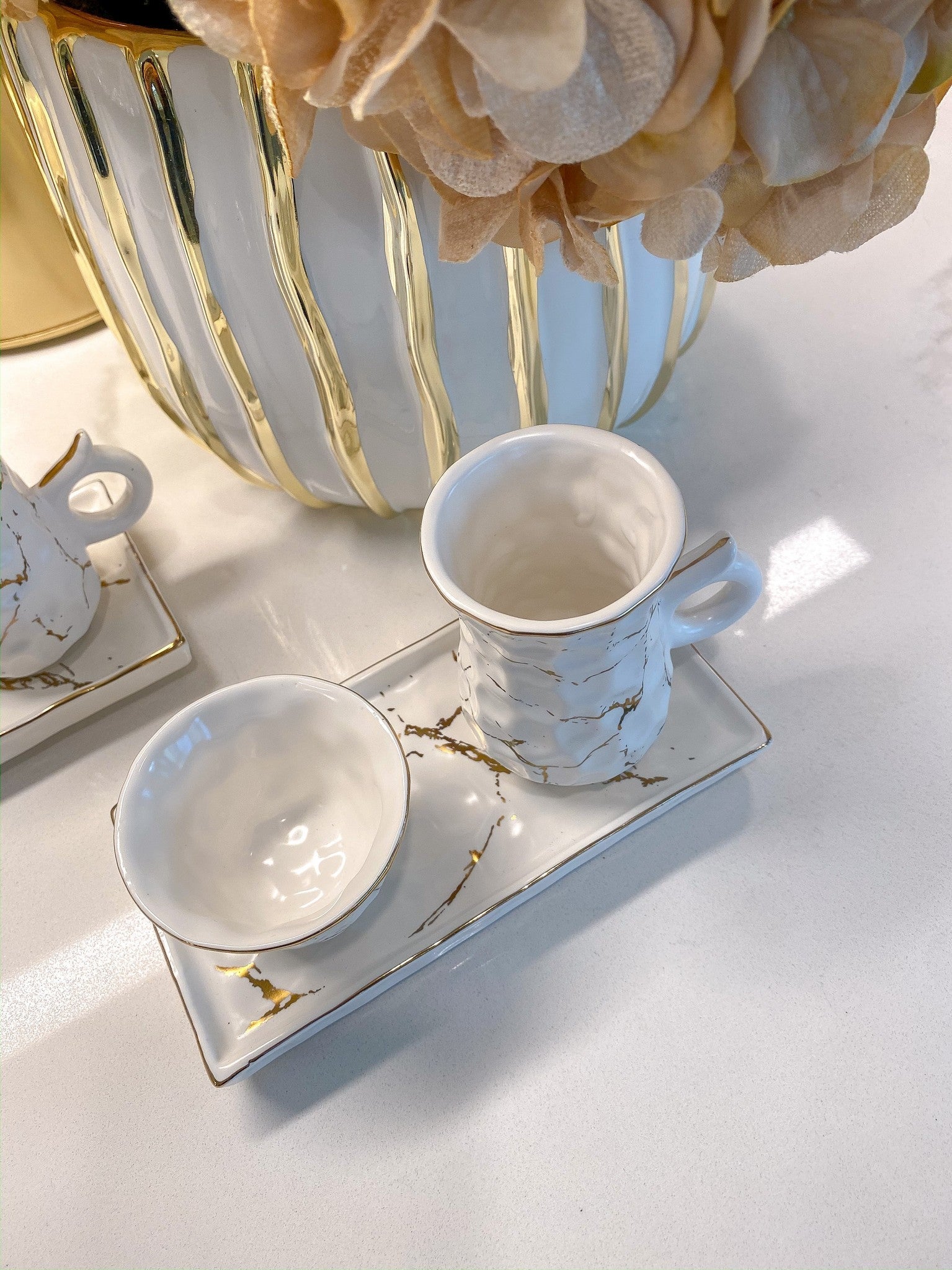 Metallic Gold Marble Print Turkish Coffee & Tea Set With Tray-Inspire Me! Home Decor