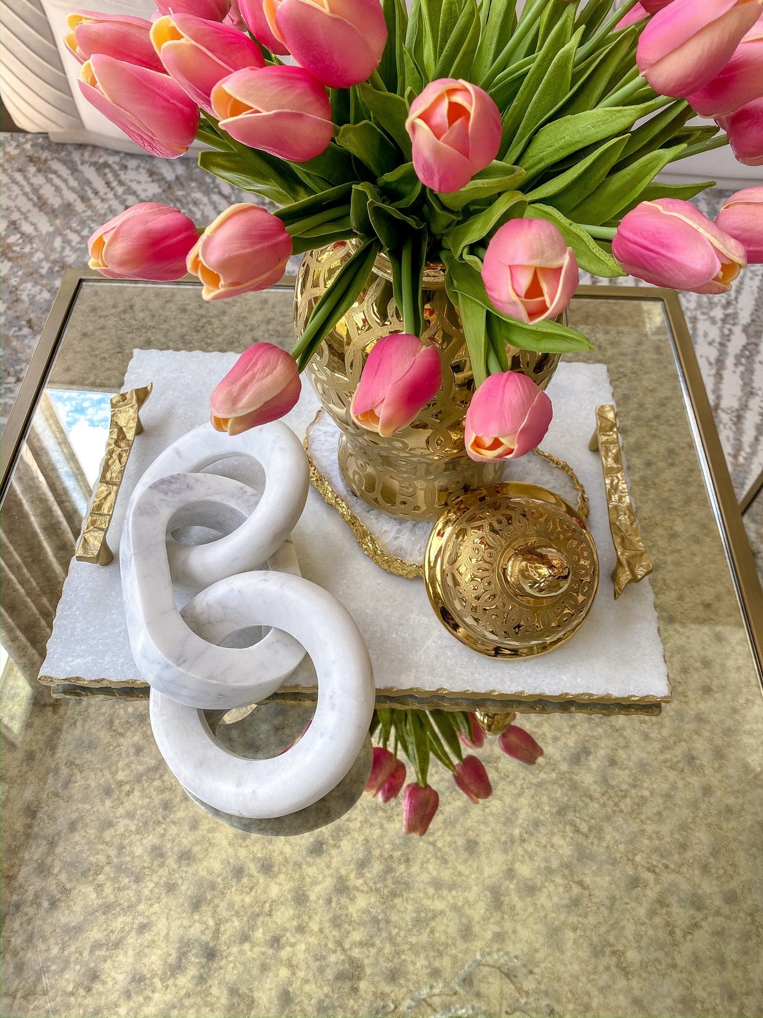 White Marble Tray with Gold Textured Handles and Edge-Inspire Me! Home Decor