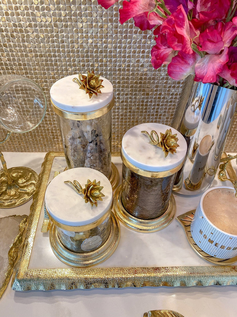 Gold Canisters with Floral Lotus Lid (3 Sizes)-Inspire Me! Home Decor