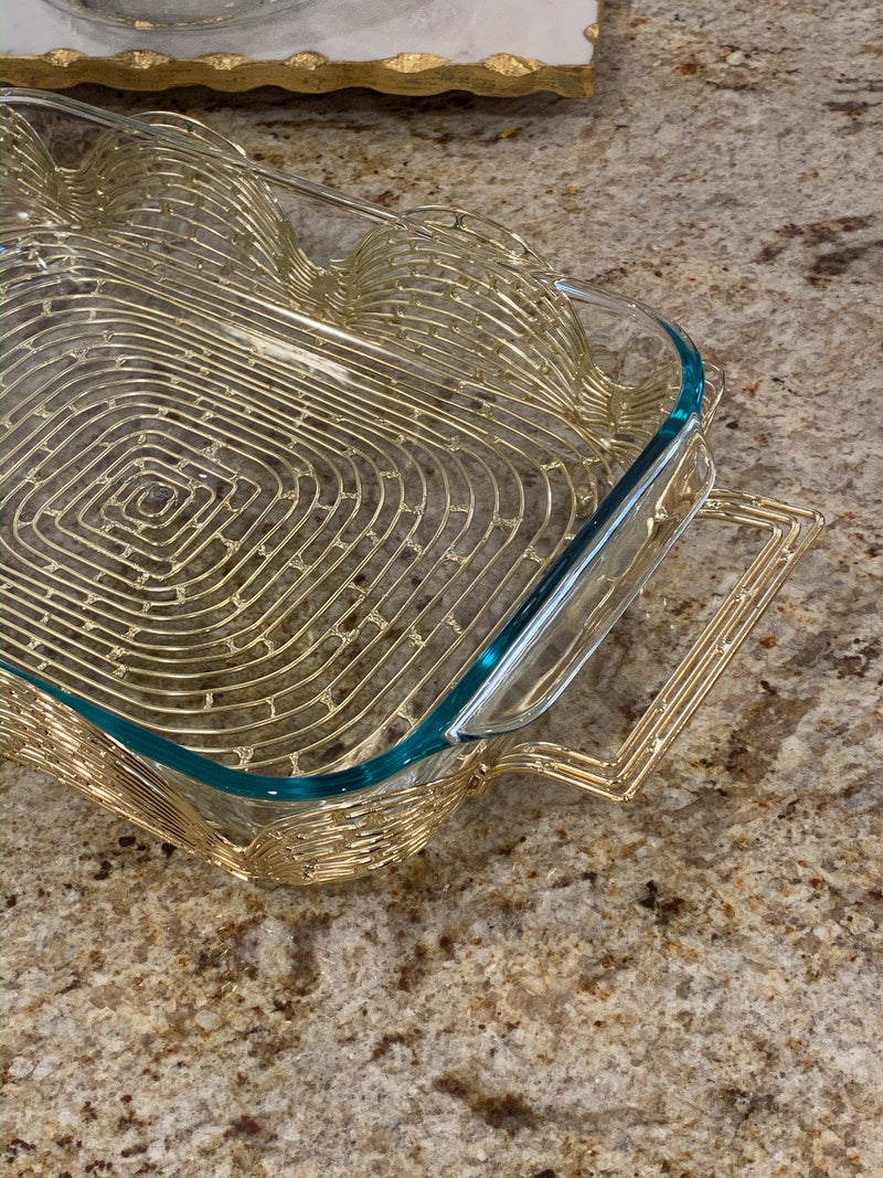 Gold Scalloped design Metal Pyrex Holder with Glass Dish-Inspire Me! Home Decor