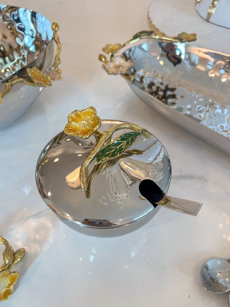 Silver Covered Dish and Spoon with Gold Details from The Mia Collection