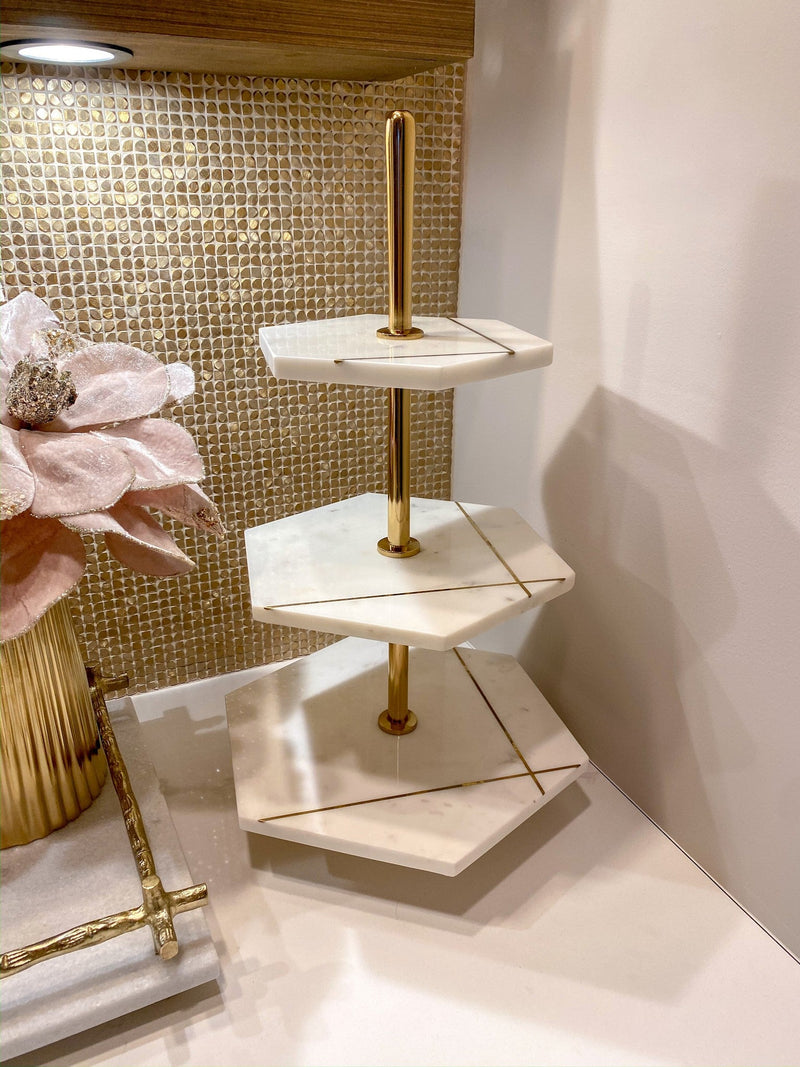 Three Tiered Marble Stand with Gold Inlay-Inspire Me! Home Decor