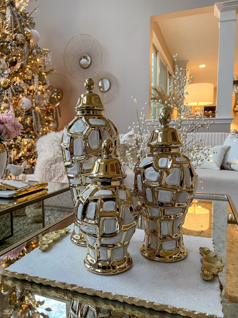 Gold & White Ginger Jar (3 Sizes)-Inspire Me! Home Decor