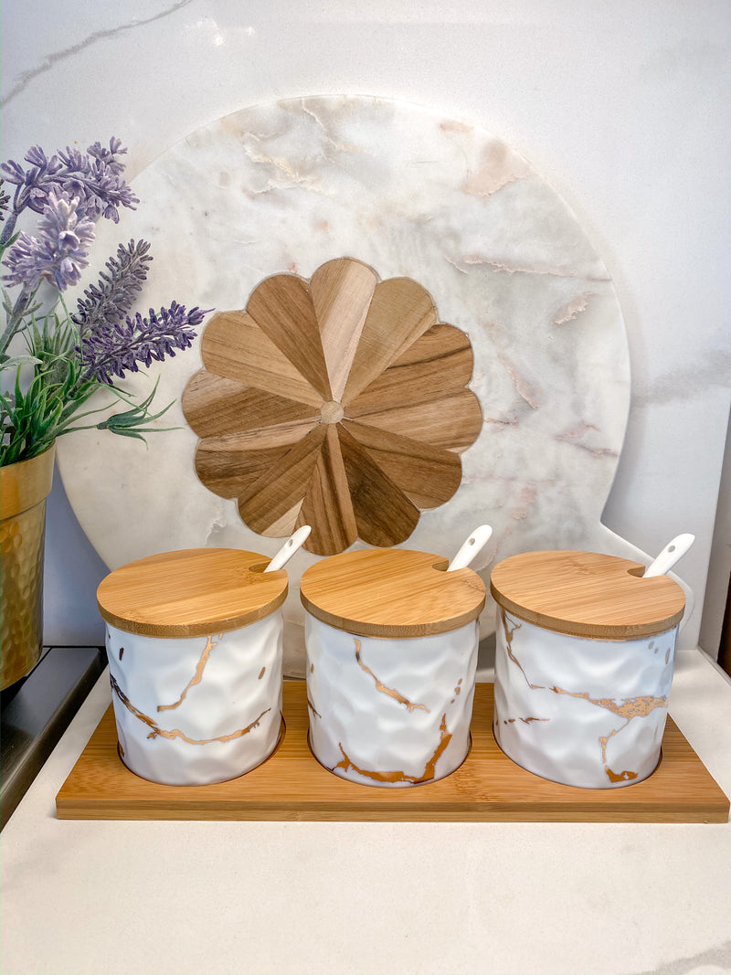 Set of 3) Metallic Gold Marble Print Spice Jars with Spoons and Woode