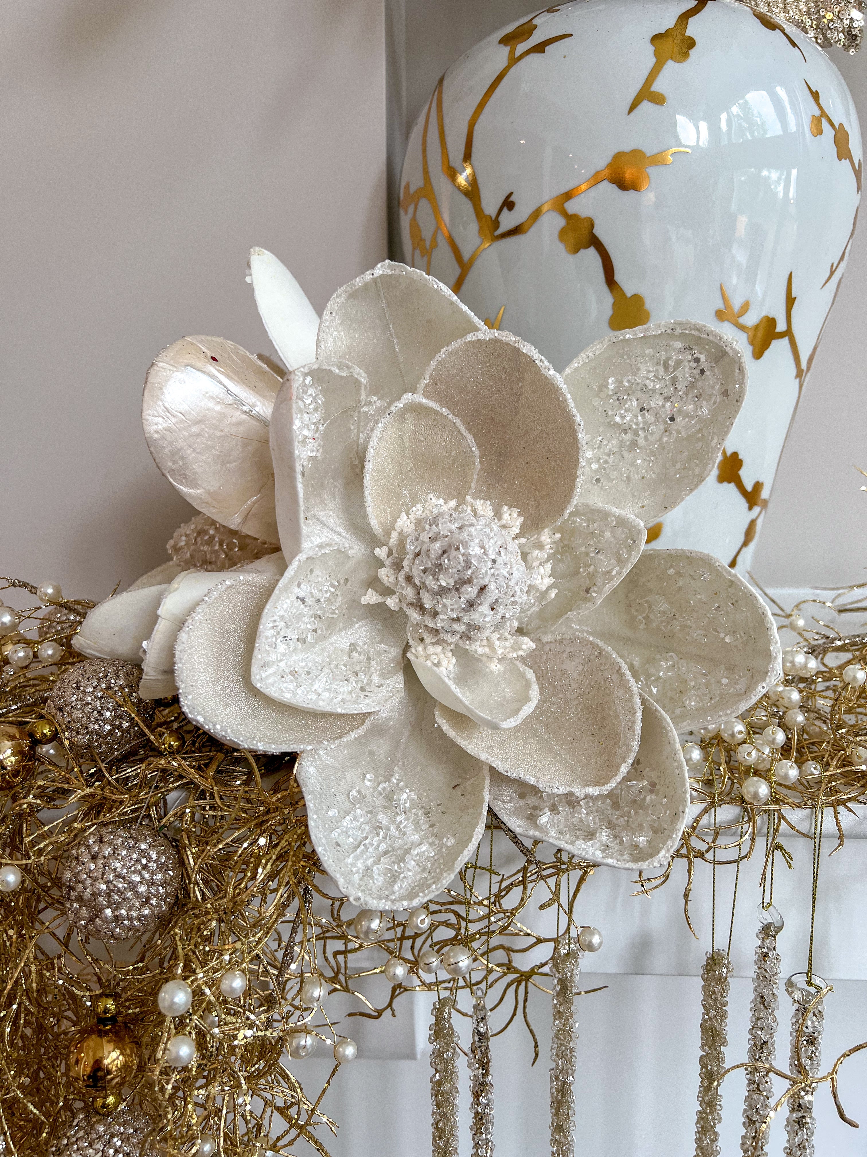 Large White Beaded Magnolia Stem-Inspire Me! Home Decor