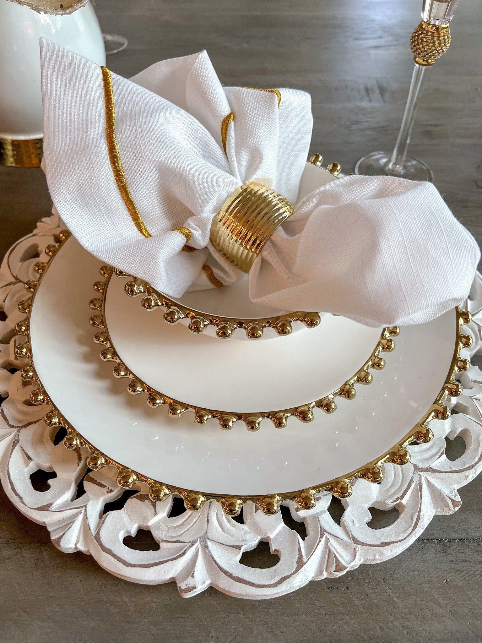 White and Gold Beaded Dinner Set-Inspire Me! Home Decor