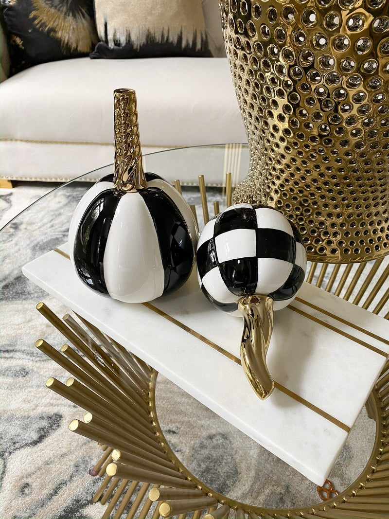 Mini Checkered Ceramic Pumpkin with Gold Stem-Inspire Me! Home Decor