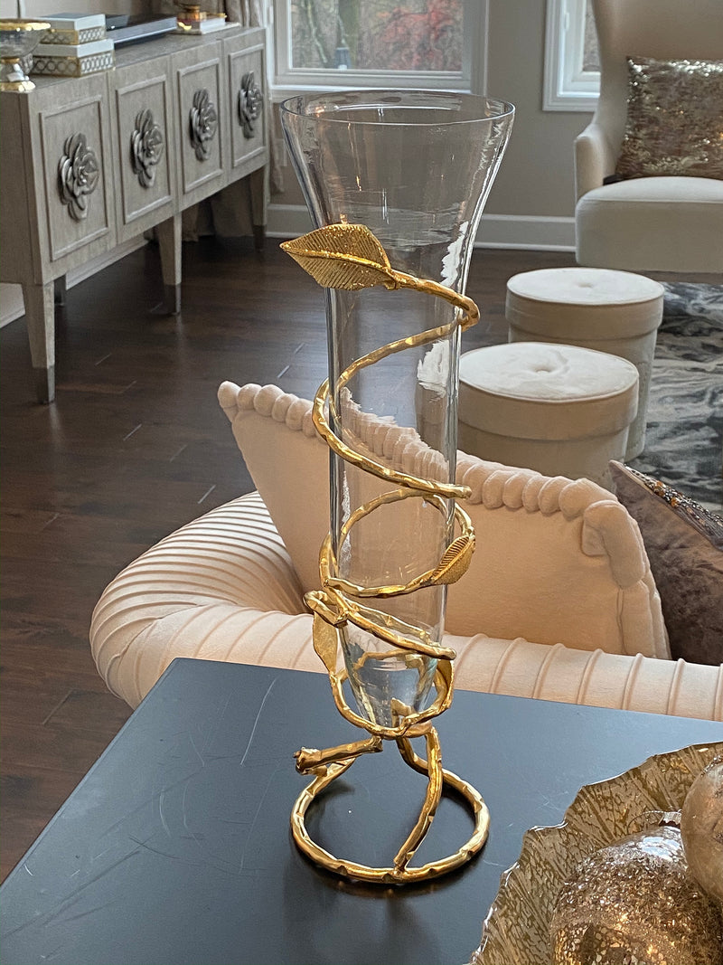 Glass and Metal Spiral Leaf Vase- Gold-Inspire Me! Home Decor