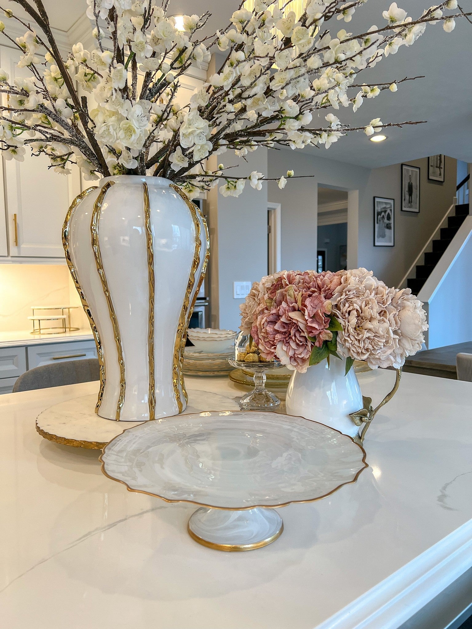 White Alabaster Cake Stand With Gold Trim