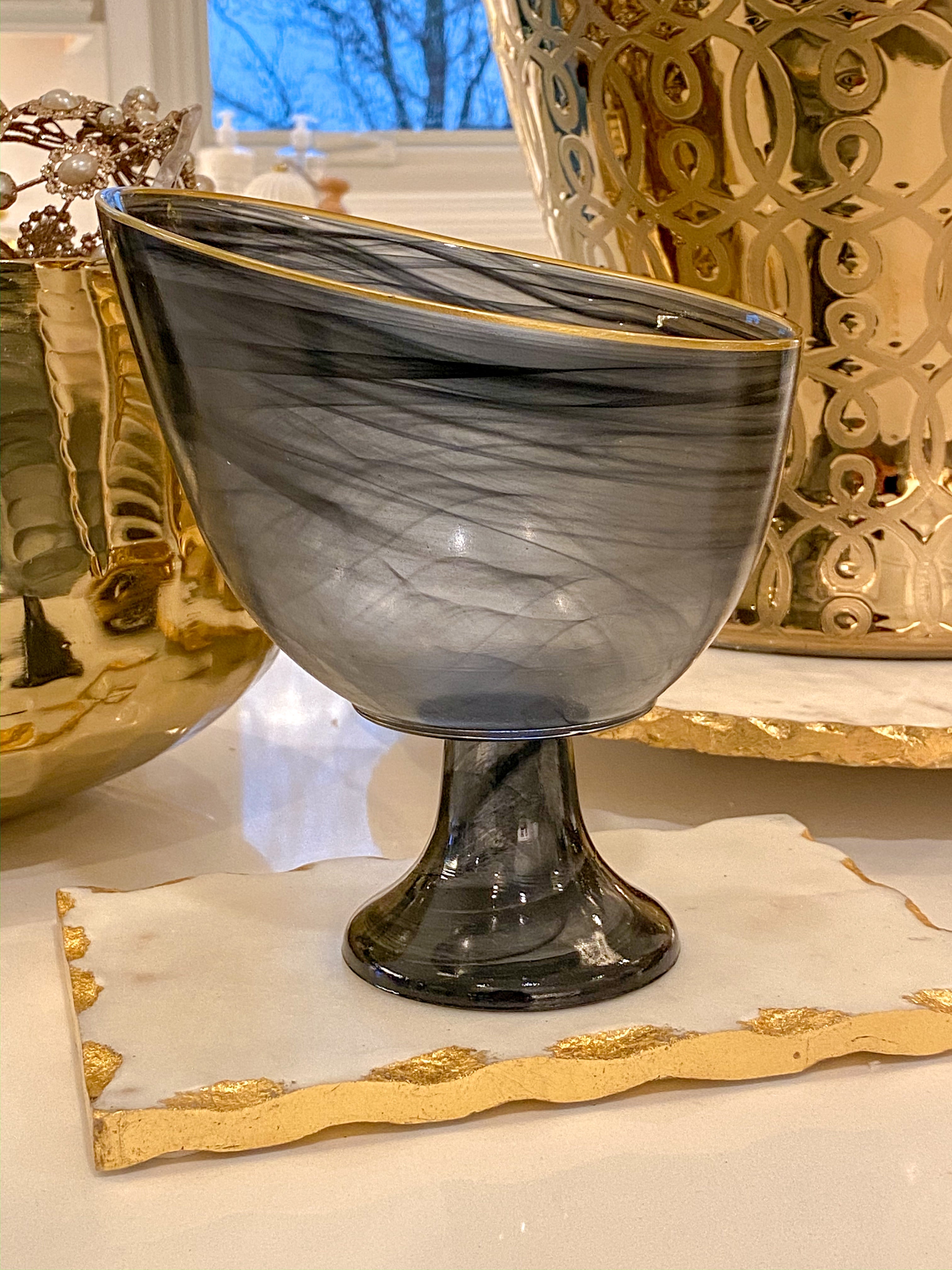 Black and Gold Alabaster Glass Dessert Bowl-Inspire Me! Home Decor