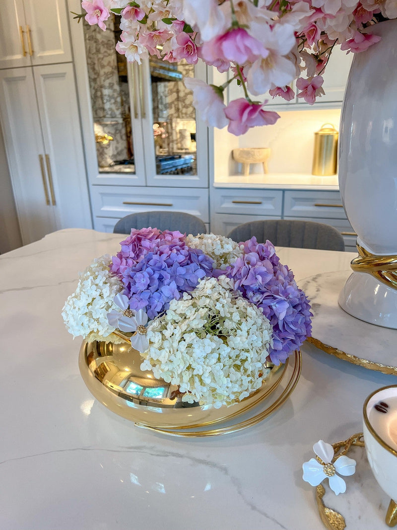 Large Gold Metal Round Bowl Vase from the White Jeweled Flower Collection
