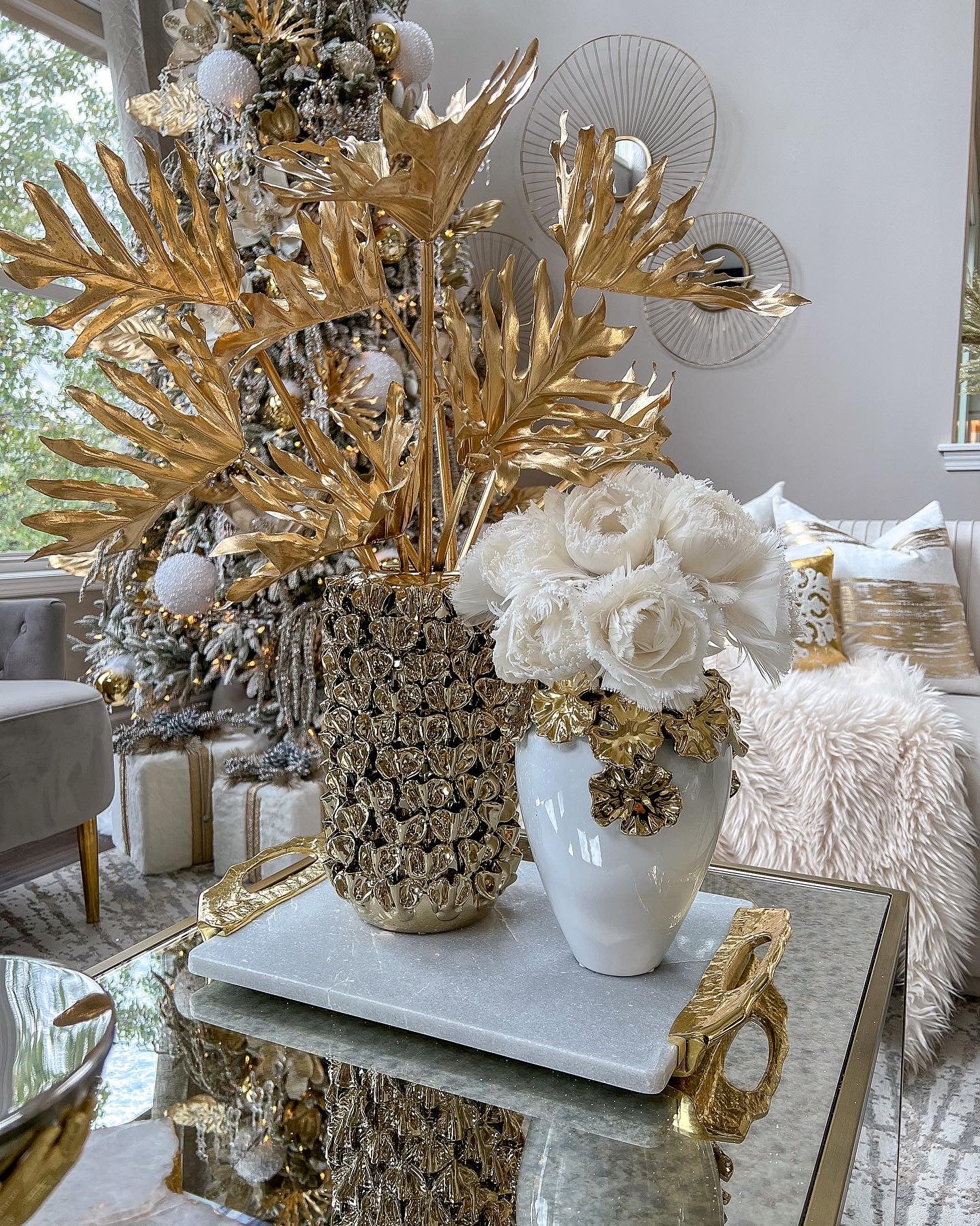 Gold Cascading Floral and White Vase-Inspire Me! Home Decor