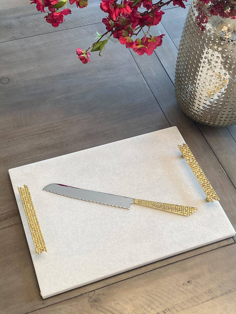 White Marble Tray with Gold Mosaic Handles-Inspire Me! Home Decor