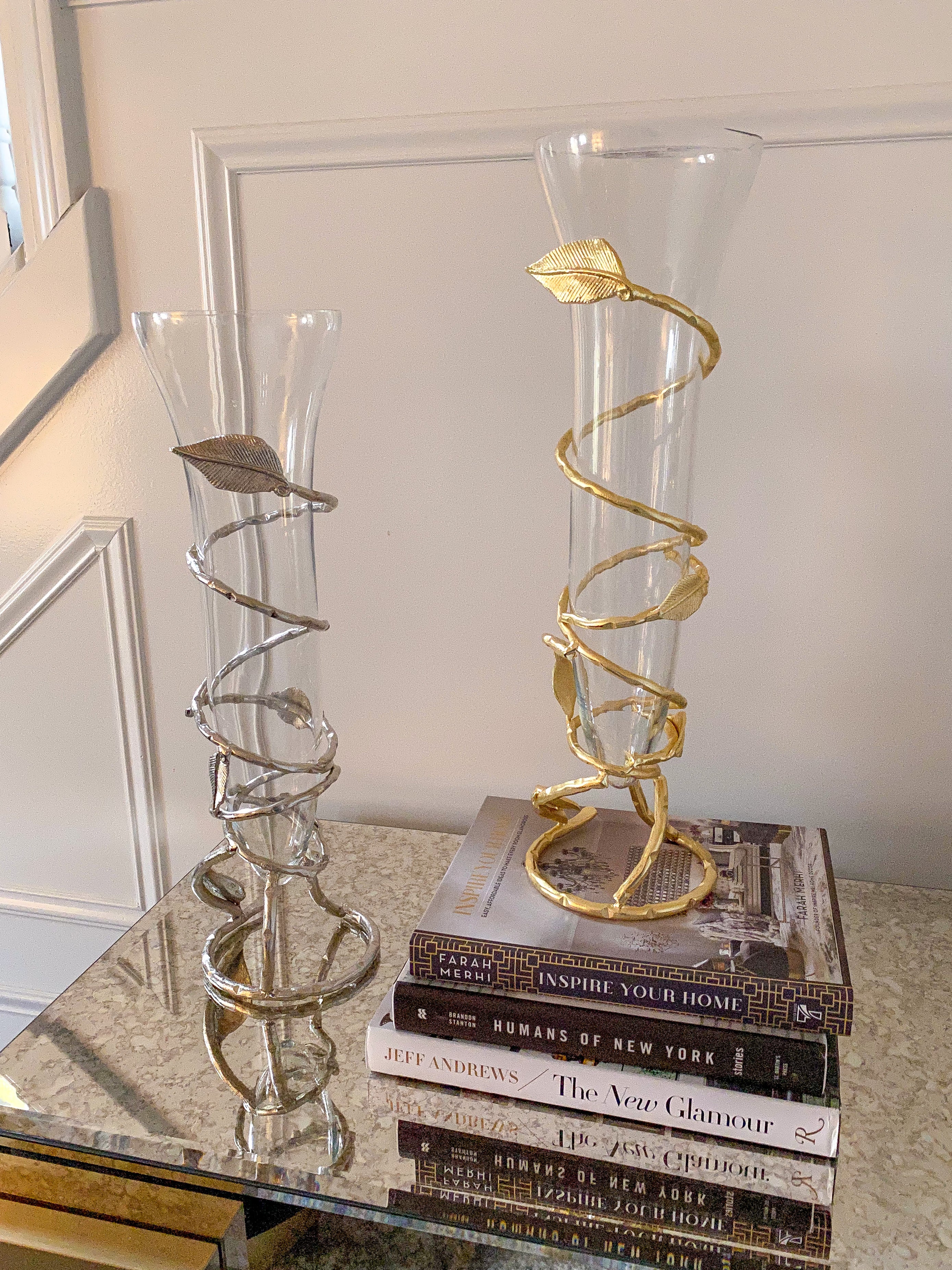 Glass and Metal Spiral Leaf Vase- Gold-Inspire Me! Home Decor