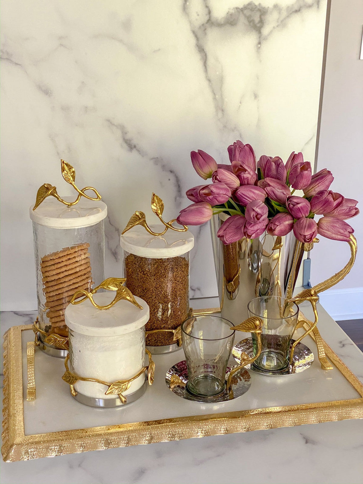 Large Rectangular Marble Tray with Gold Metal Handles and Gold Ruffle