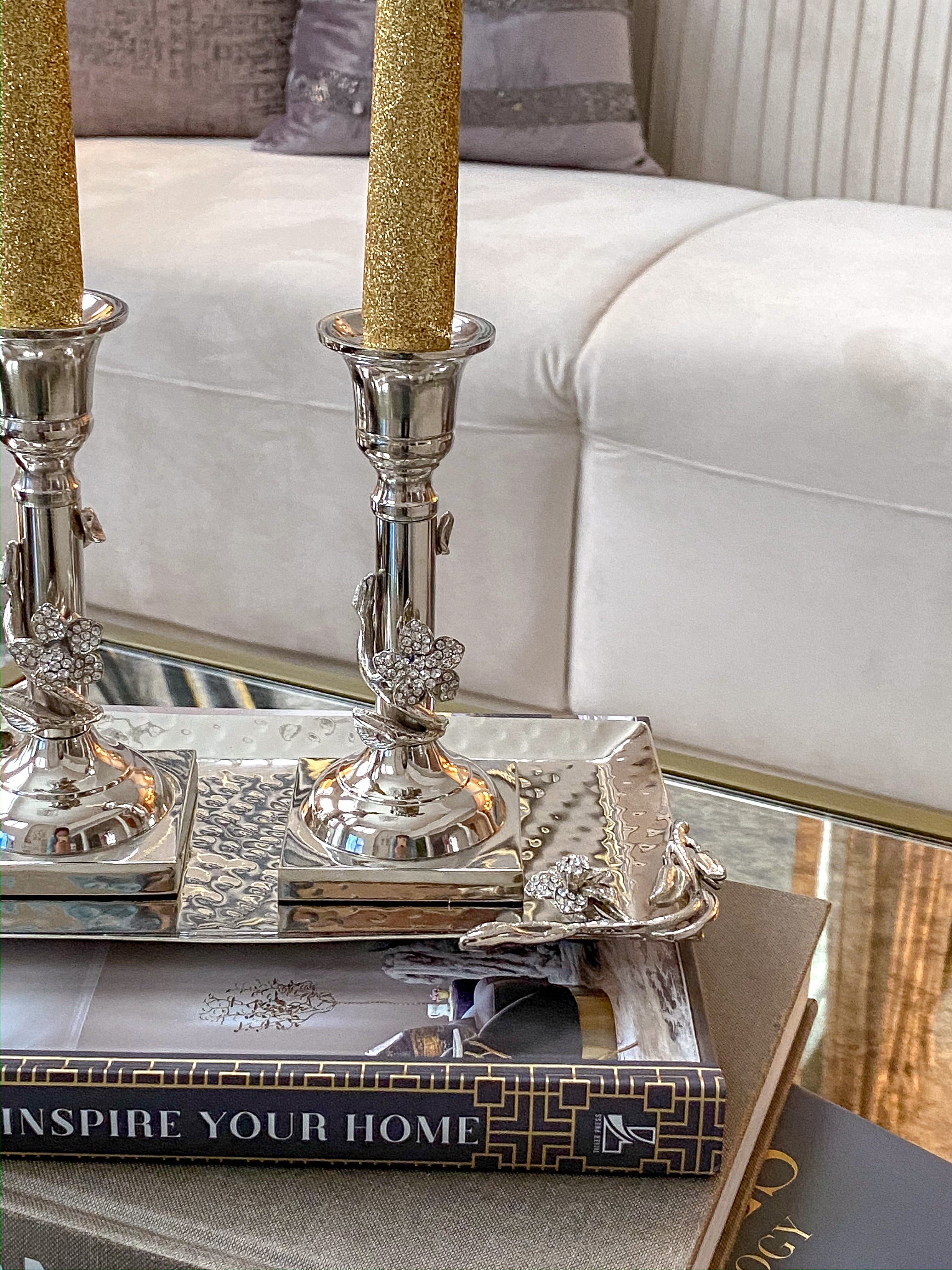 Jeweled Silver Candle Stick Set with Tray-Inspire Me! Home Decor