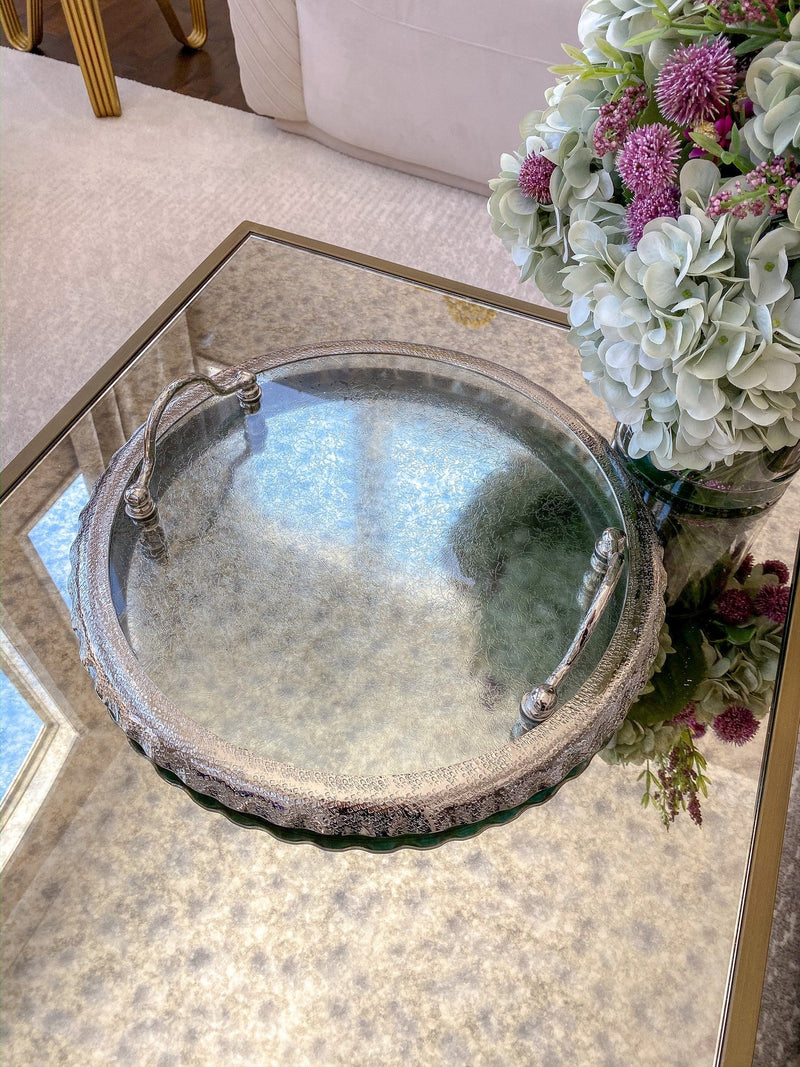 Large Round Glass Tray with Silver Handles and Ruffled Edge-Inspire Me! Home Decor