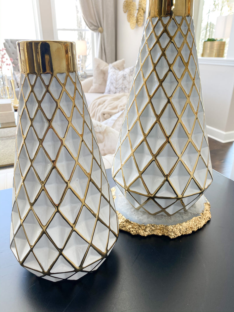 Gold and White Lattice Tapered Vase (2 Sizes)-Inspire Me! Home Decor