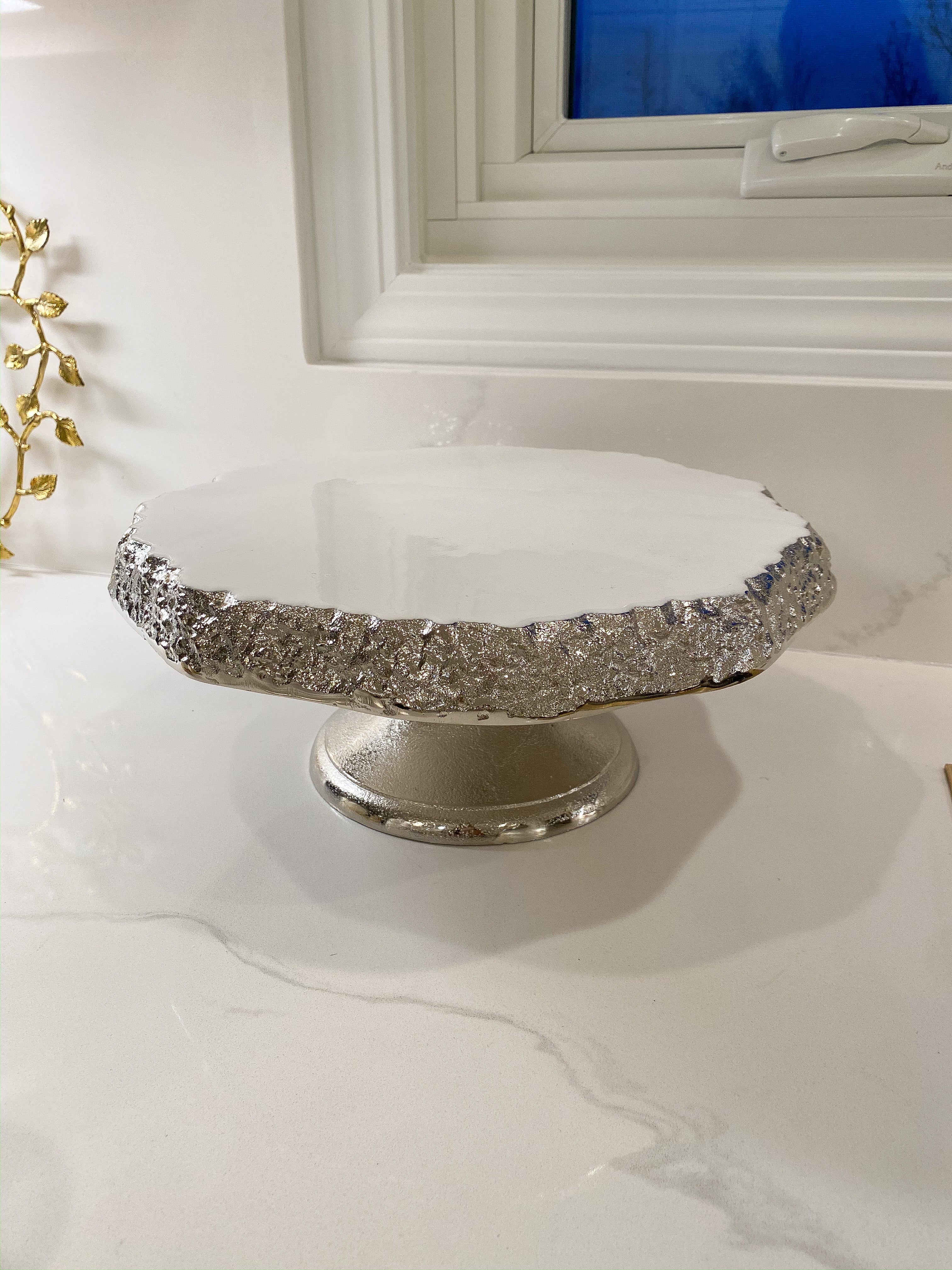 White Enameled Cake Stand with Metallic Edge (2 Colors)-Inspire Me! Home Decor