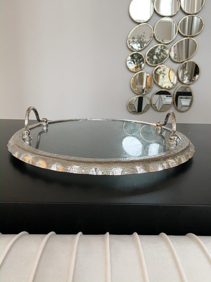Large Round Glass Tray with Silver Handles and Ruffled Edge-Inspire Me! Home Decor