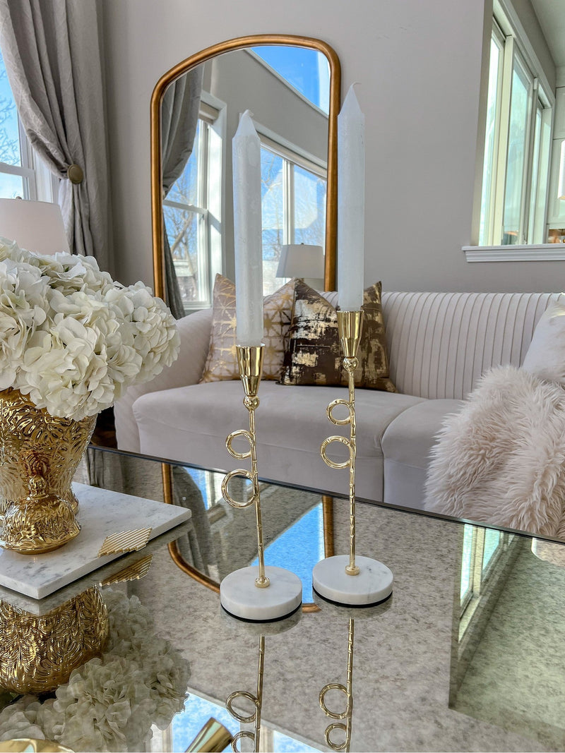 Set of 2 Gold Circles Design Candle Sticks with Marble Base