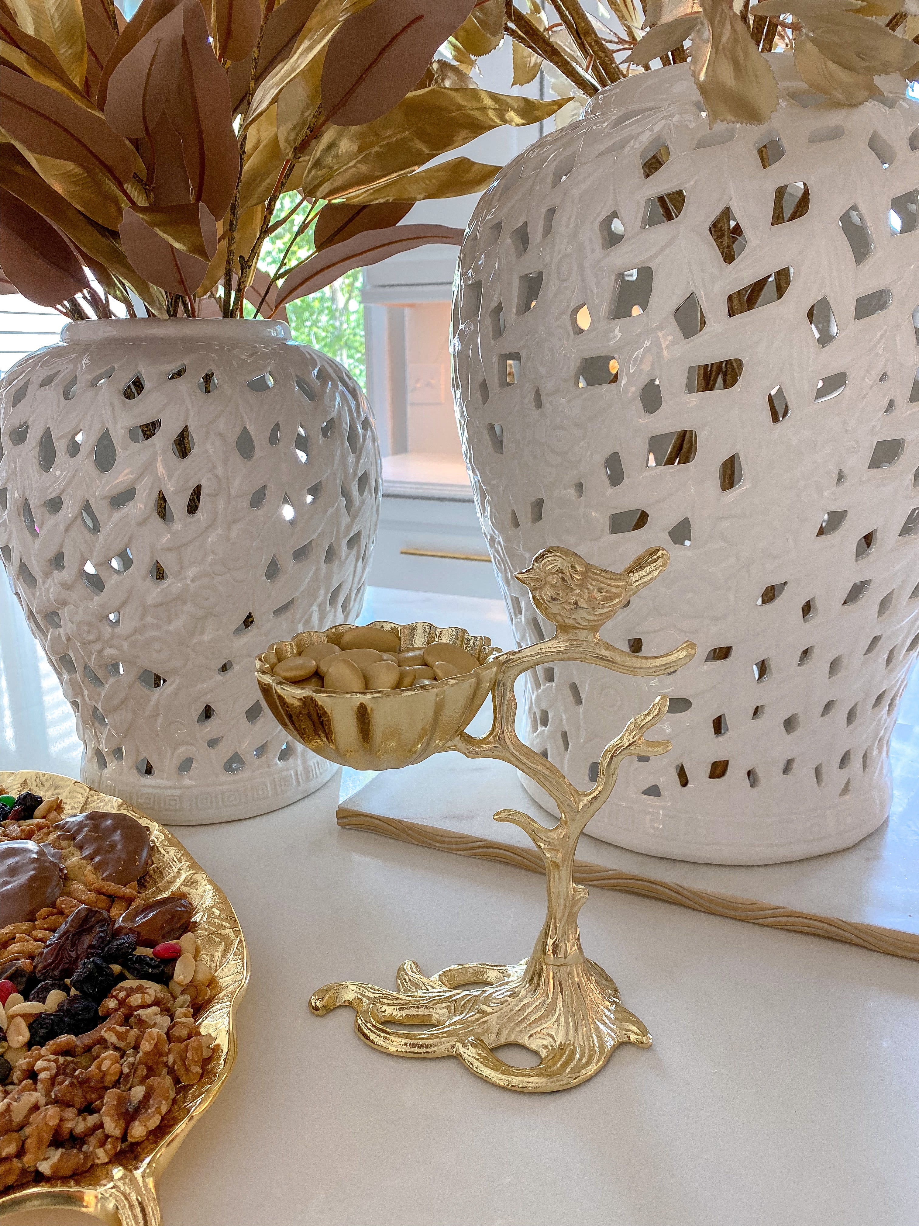 Snack Bowl on Gold Tree Stand with Bird-Inspire Me! Home Decor