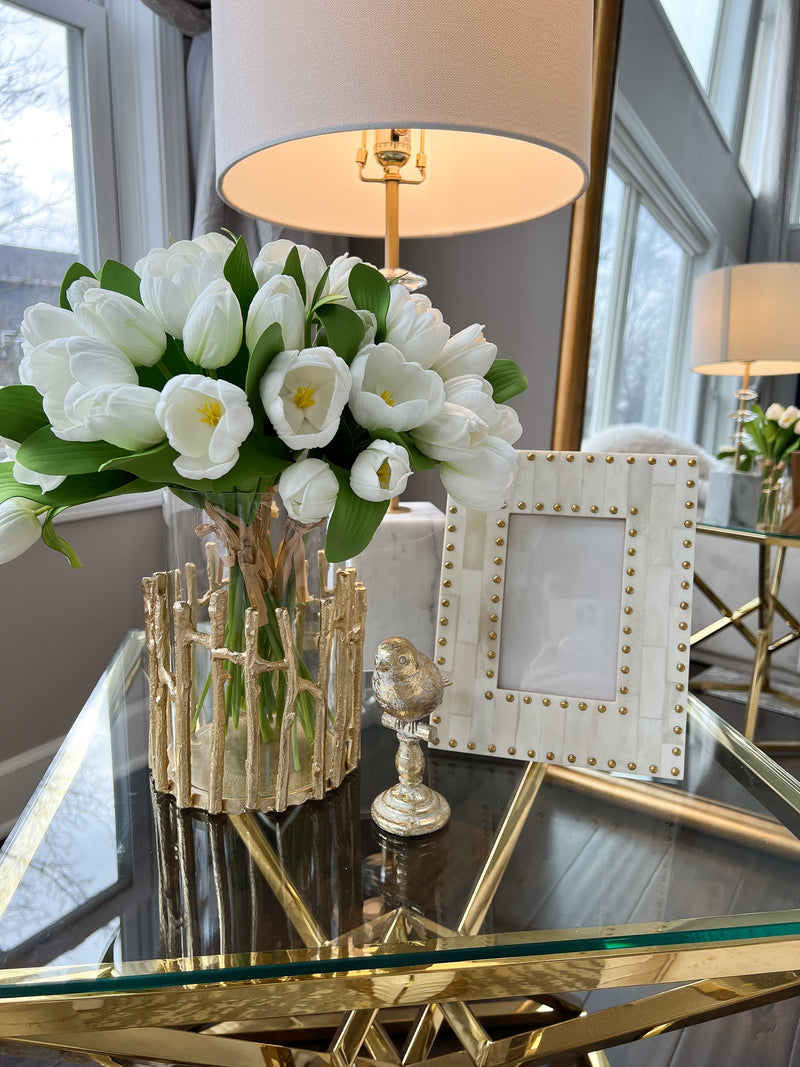 Glass Hurricane/Faux Floral Vase with Gold Twig Design (3 Sizes)