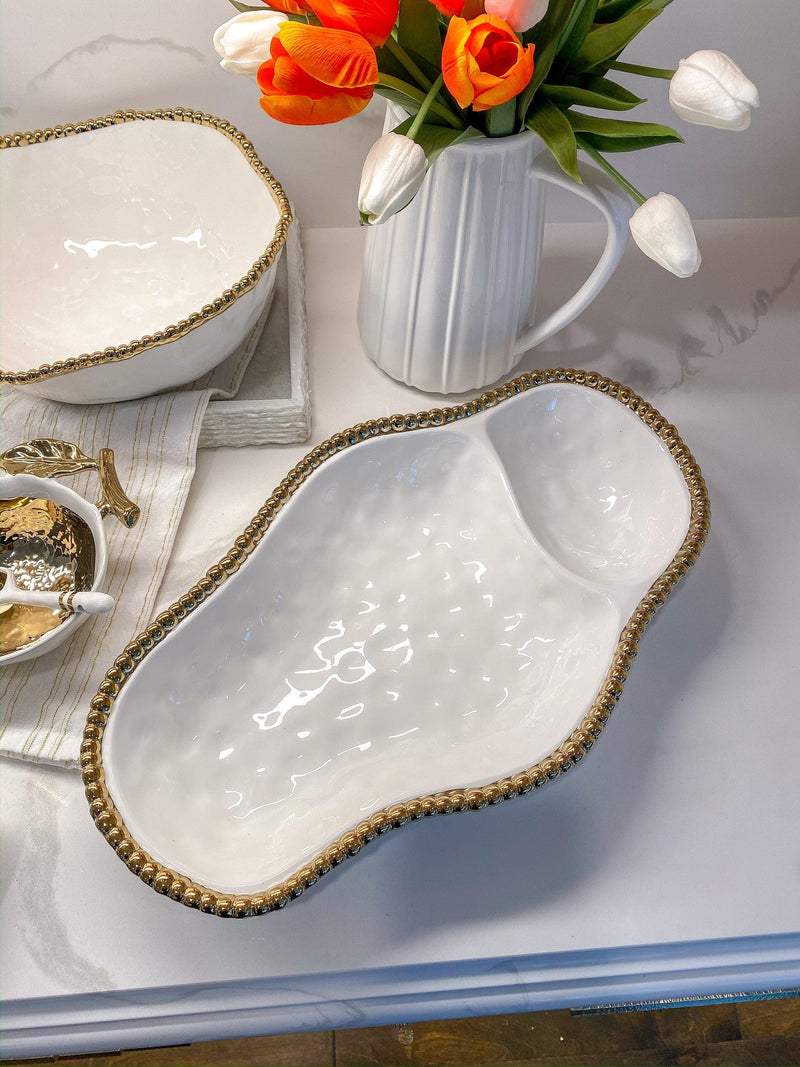 Gold and White Beaded Sectioned Serving Dish-Inspire Me! Home Decor