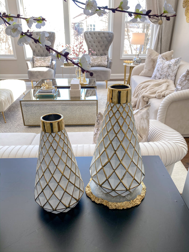 Gold and White Lattice Tapered Vase (2 Sizes)-Inspire Me! Home Decor