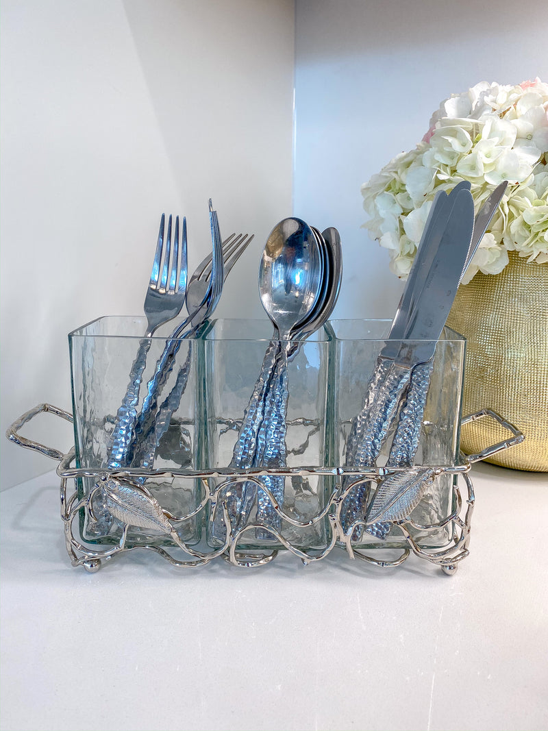 Hammered Glass Silverware Holder w/ Silver Leaf Detail-Inspire Me! Home Decor