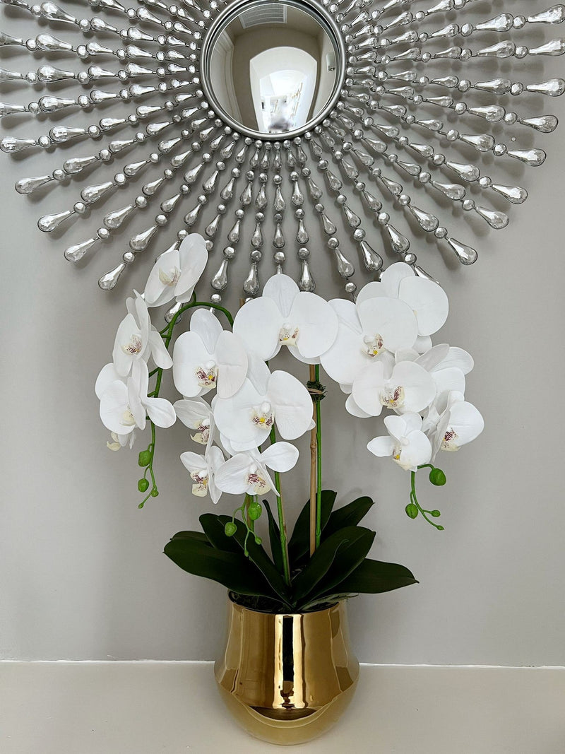 Tall White Faux Orchid in Shiny Gold Pot (2 Styles)