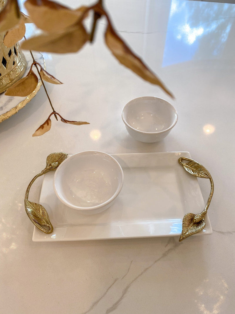 White Ceramic Tray with Serving Bowls and Gold Leaf-Inspire Me! Home Decor