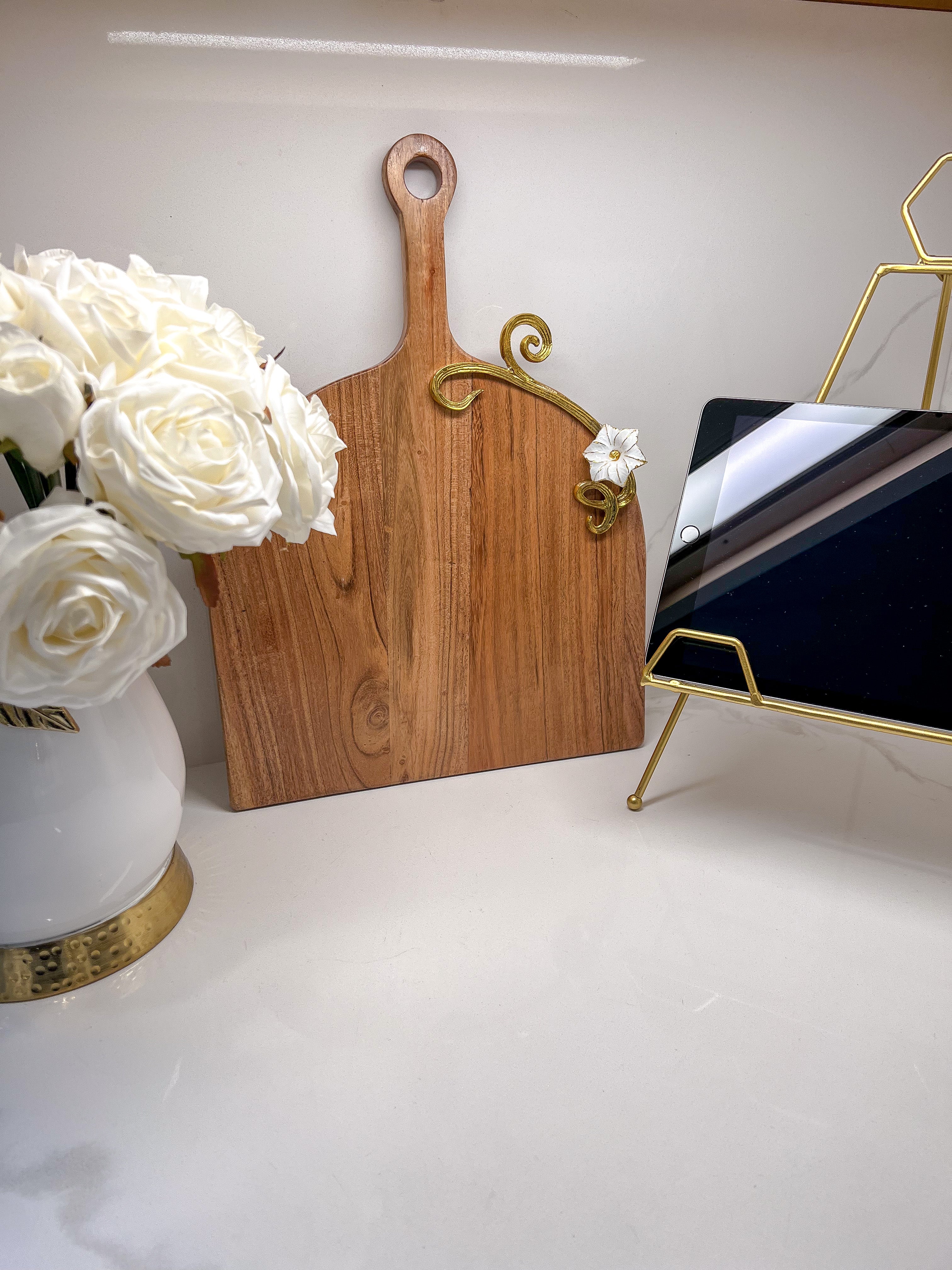 Wood Charcuterie Board with White & Gold Flower Design (2 Styles)