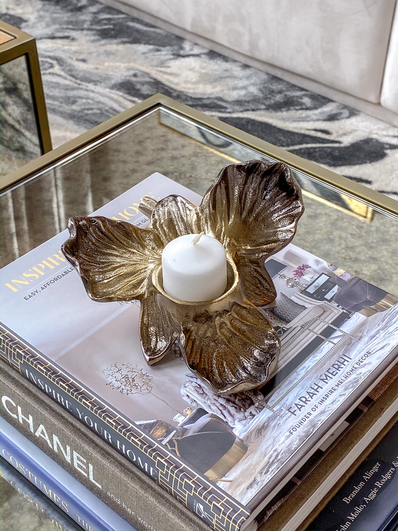 Gold Orchid Tea Light Holder-Inspire Me! Home Decor