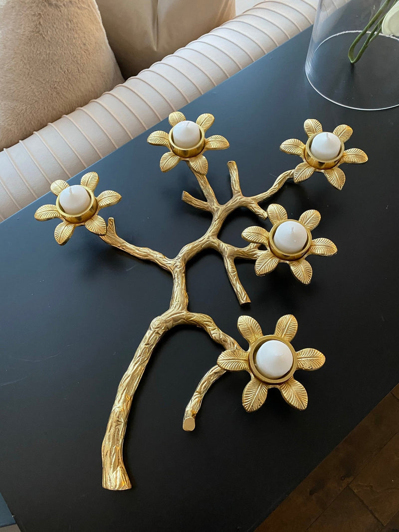 Gold Flower Branch 5 Tealight Candle Holder-Inspire Me! Home Decor