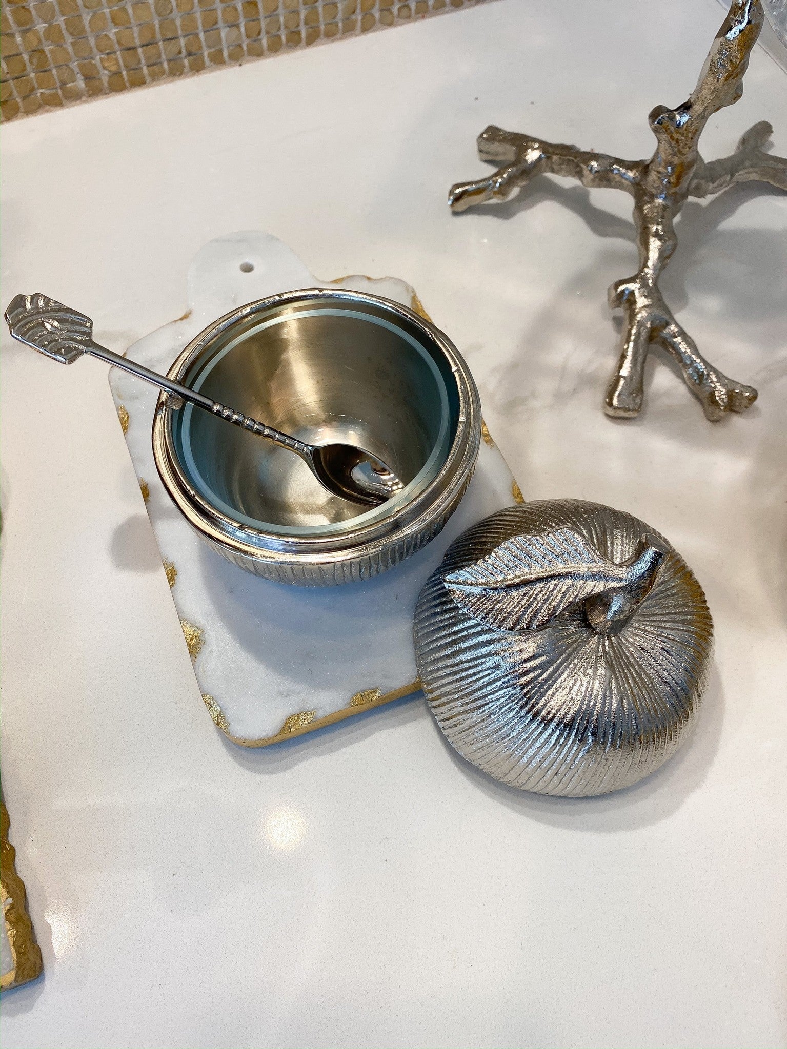 Silver Apple Honey Dish-Inspire Me! Home Decor