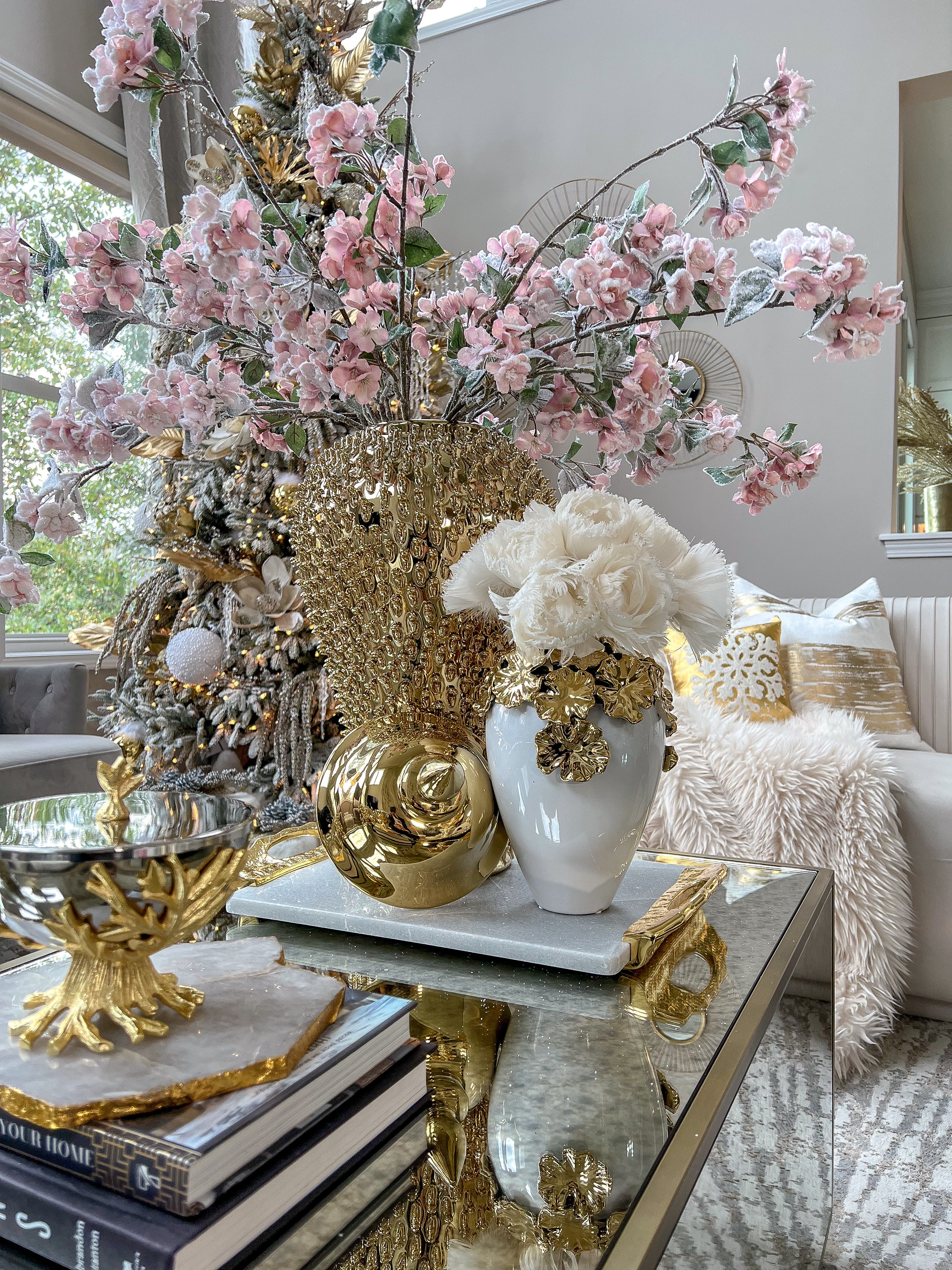 Gold Cascading Floral and White Vase-Inspire Me! Home Decor