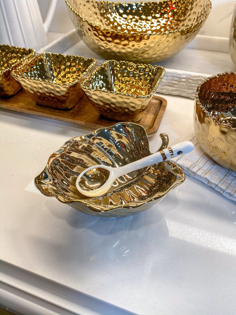 Gold Leaf Snack Bowl and Spoon Set-Inspire Me! Home Decor