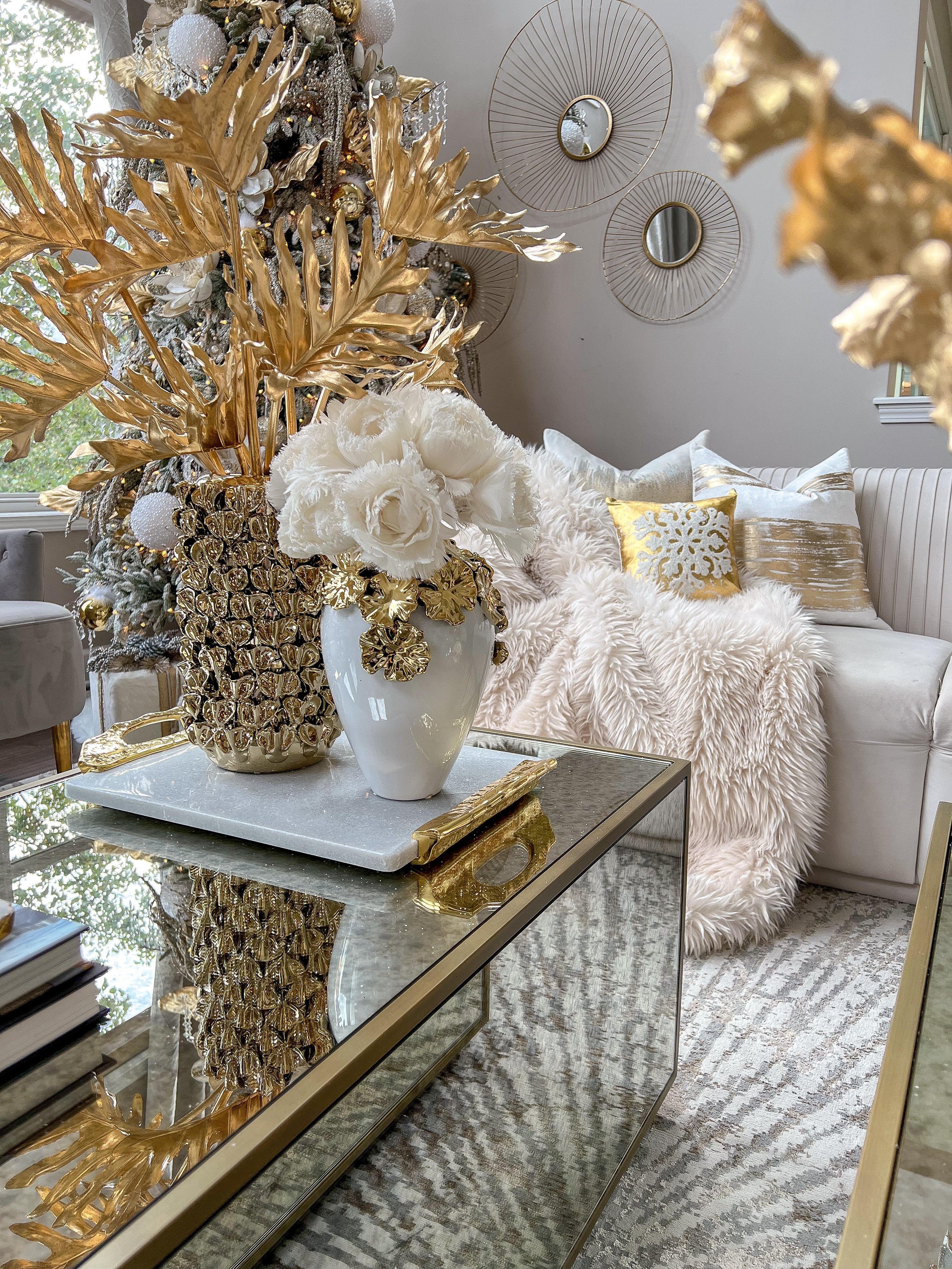 Gold Cascading Floral and White Vase-Inspire Me! Home Decor