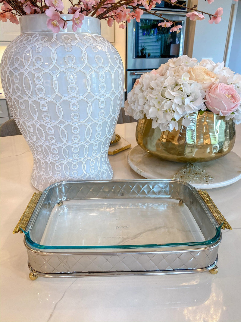 Silver Pyrex Holder with Gold Mosaic Handles And Pyrex-Inspire Me! Home Decor
