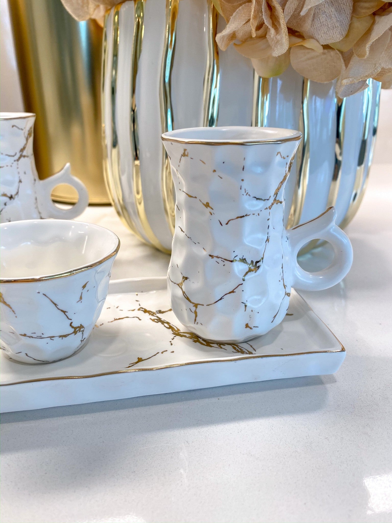 Metallic Gold Marble Print Turkish Coffee & Tea Set With Tray-Inspire Me! Home Decor