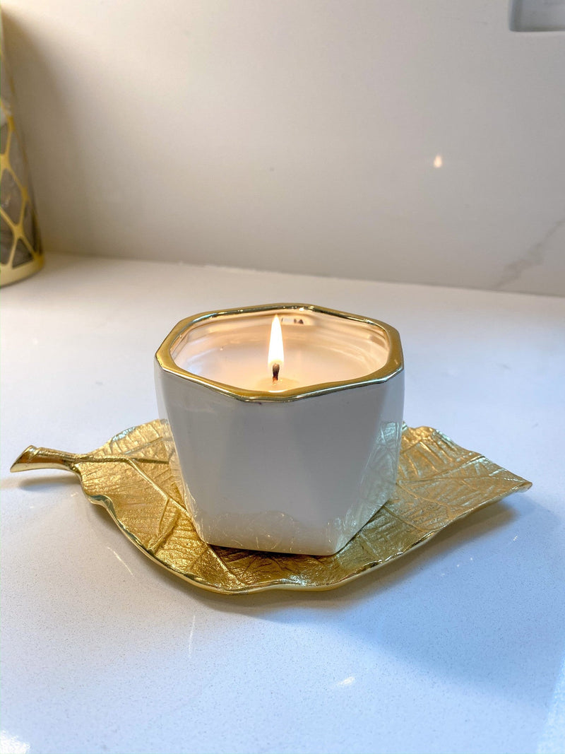 White Ceramic Candle with Gold Edge-Inspire Me! Home Decor