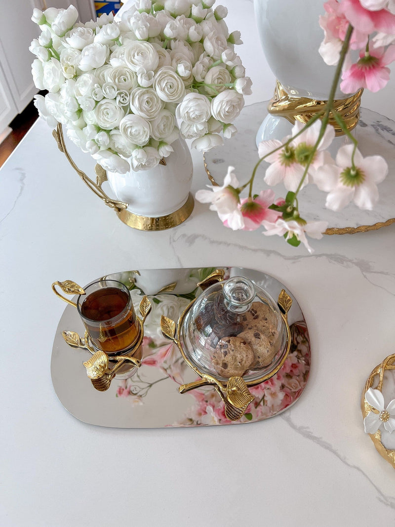 Silver Metal Oval Tray with Gold Leaf Details and a Glass Mug & Dome