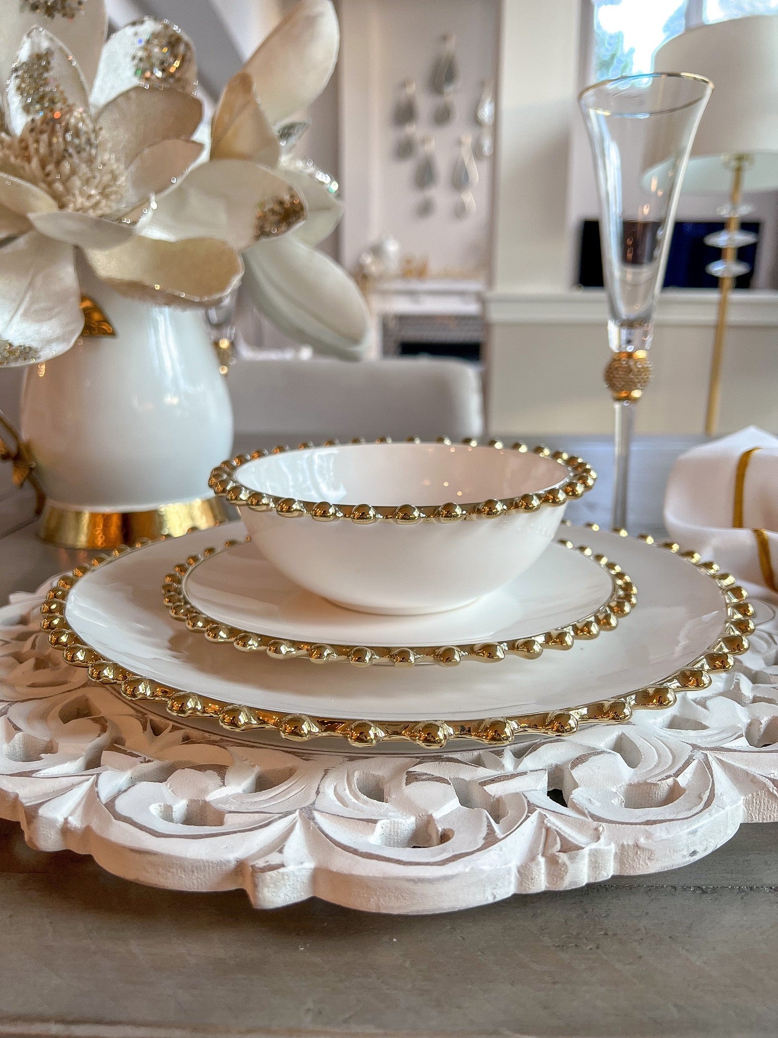 White and Gold Beaded Dinner Set-Inspire Me! Home Decor