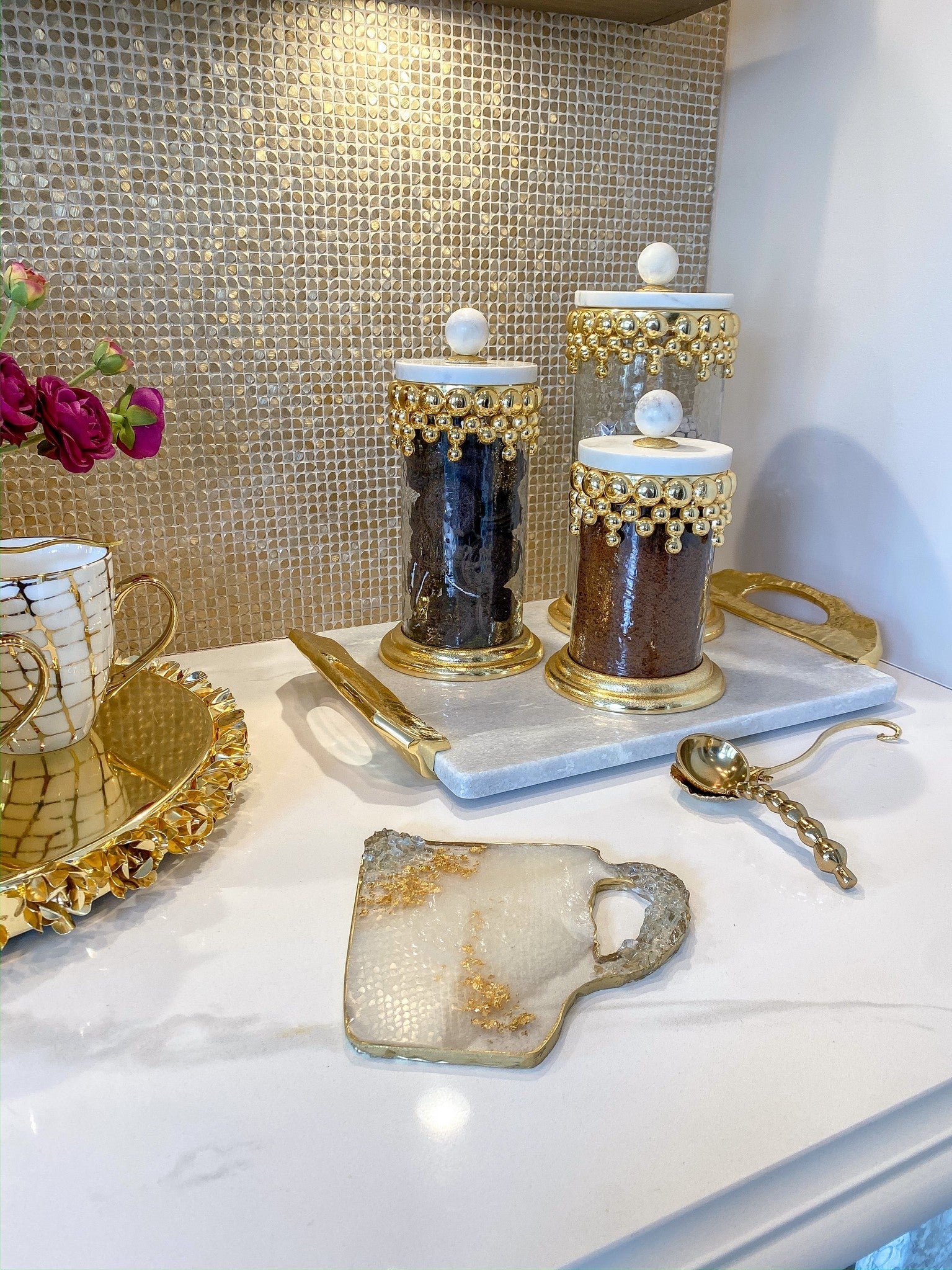 Gold Beaded Canisters w/ Marble Lid (3 sizes)-Inspire Me! Home Decor