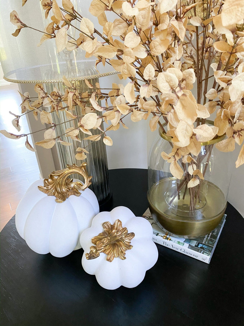 Large White Velvet Decorative Pumpkin with Gold Stem-Inspire Me! Home Decor