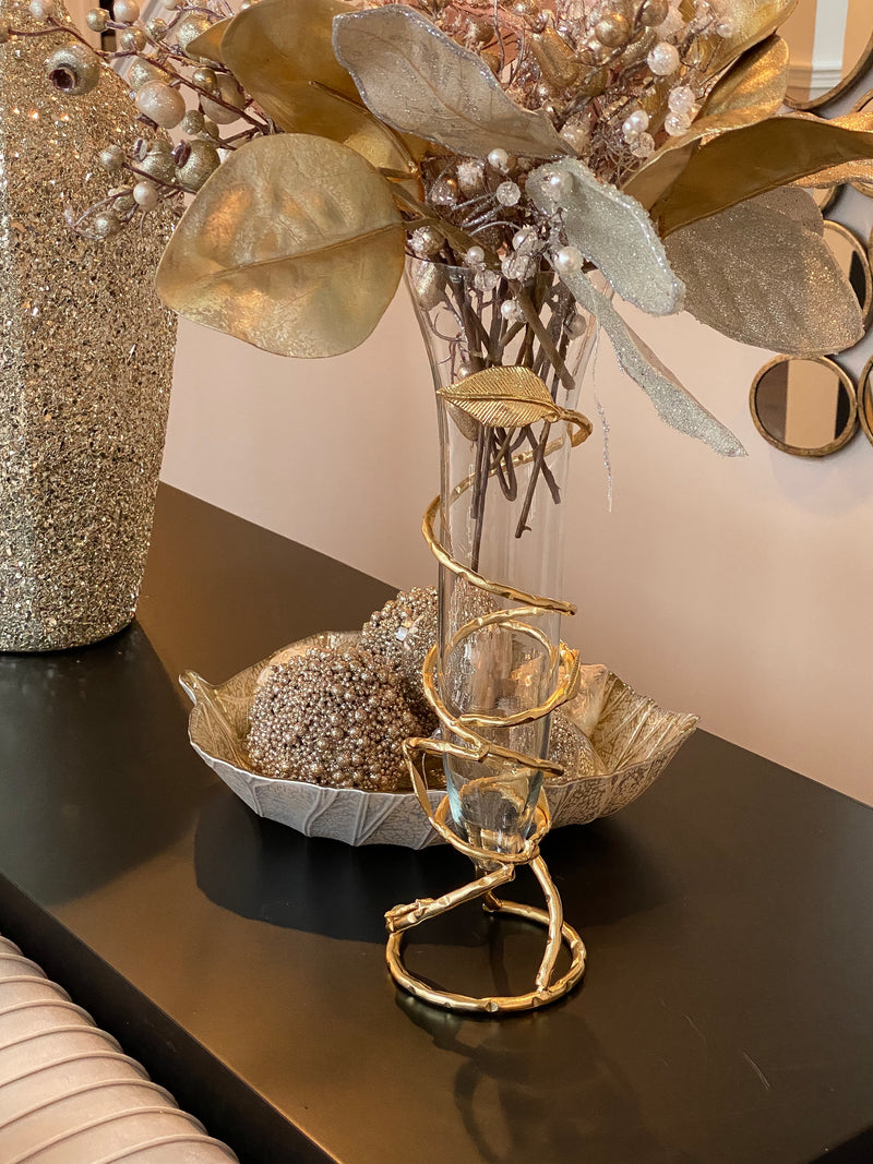 Glass and Metal Spiral Leaf Vase- Gold-Inspire Me! Home Decor