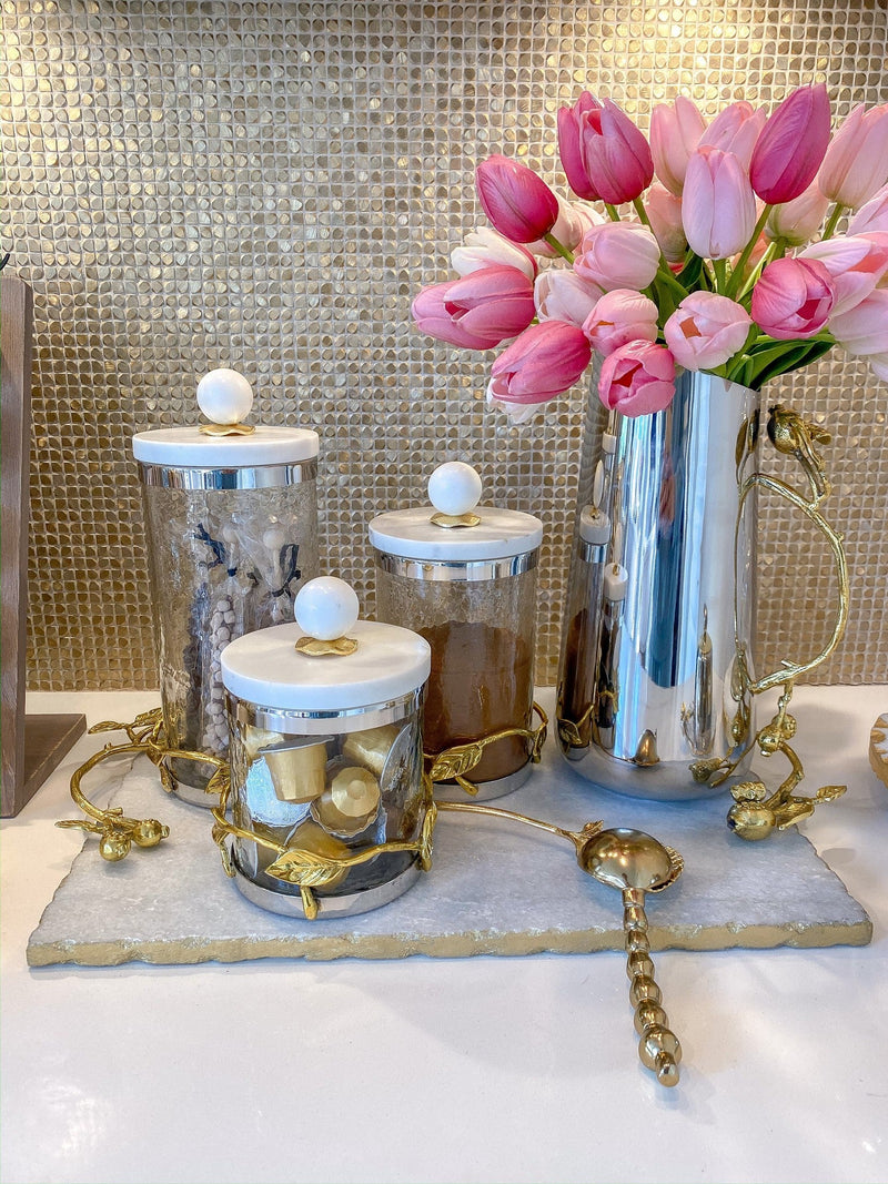 Gold Metal Leaf Branch w/ Marble Ball Lid Canisters- With metal rim (3 Sizes)-Inspire Me! Home Decor