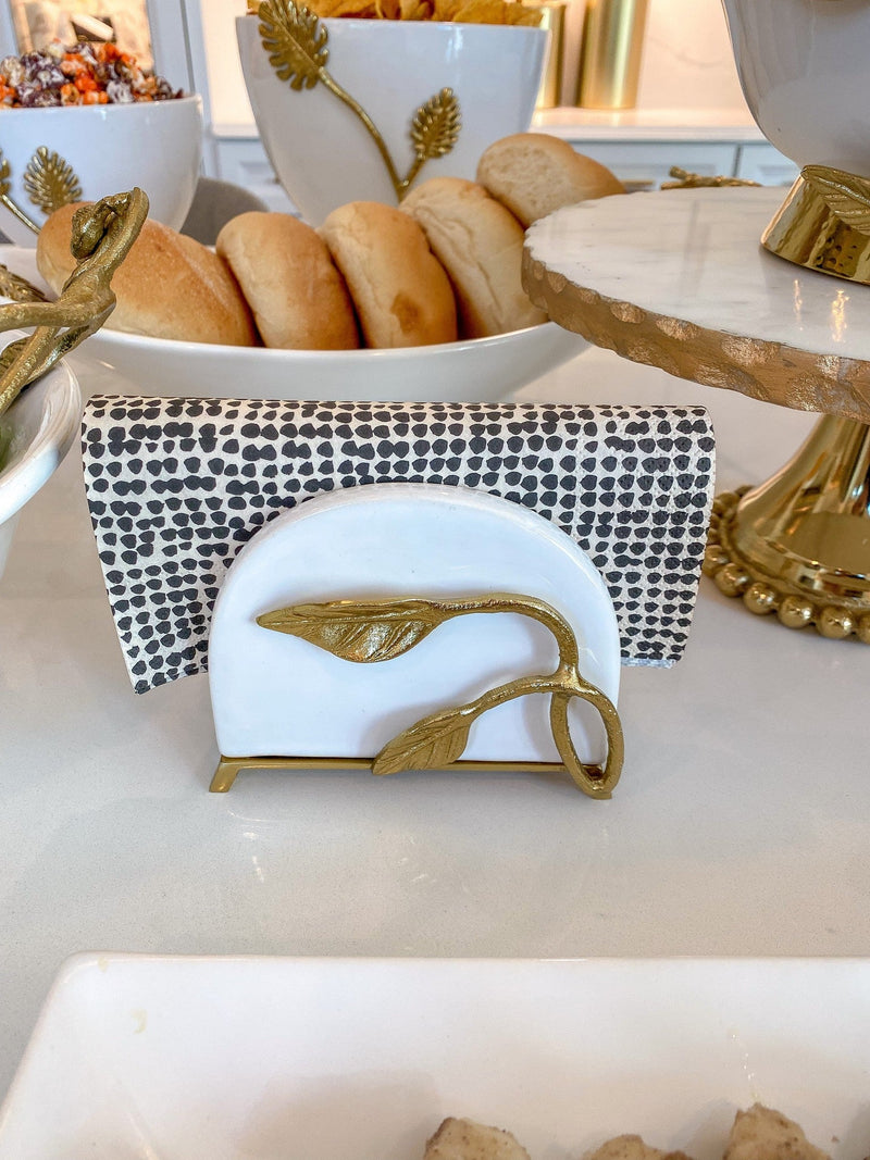 White Ceramic Utensil Holder with Gold Leaf Details & Base