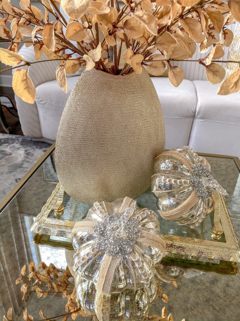 Mercury Glass Pumpkin with Burlap Details-Inspire Me! Home Decor